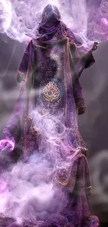 Mystical figure in purple smoke with intricate robe design.