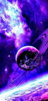 Mystical purple space wallpaper with a ringed planet and vibrant galaxy.