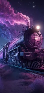 Mystical steam train under a purple sky.