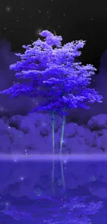 Vivid purple tree reflecting on calm water under a starry night sky.