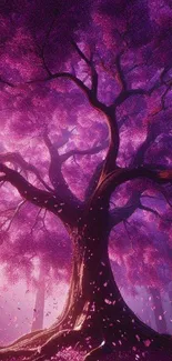 Purple tree with ethereal light and mystical ambiance in a forest scene.