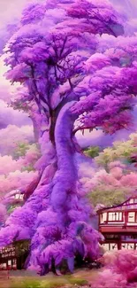 Whimsical purple tree and serene landscape on mobile wallpaper.