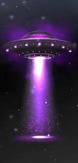 Purple UFO emitting glowing light on dark background.