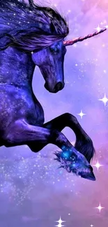 Purple unicorn galloping through a magical starry sky wallpaper.