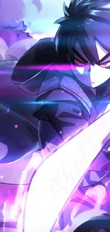 Anime warrior in purple hues with sword in dynamic pose.