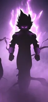 Anime warrior silhouette in purple mist.