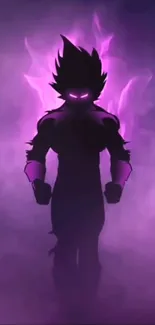 Silhouette of a warrior with a glowing purple aura and dark background.