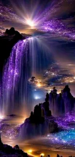 Purple mystical waterfall under a starry sky.