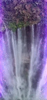 Vibrant purple waterfall cascading with mystic allure, set in lush greenery.