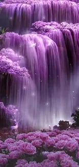 Purple waterfall with pink flowers mobile wallpaper.