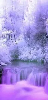 Purple winter forest with serene waterfall