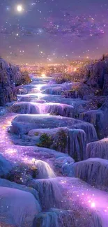 Mystical purple waterfall landscape with glowing river and serene atmosphere.