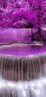 Vibrant purple waterfall with serene water flow and lush surroundings.