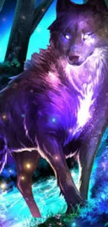 Mystical purple wolf in an enchanted forest.