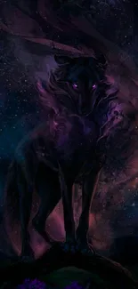 Mystical purple wolf in a cosmic background, perfect for wallpaper.