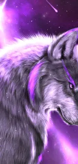 Mystical purple wolf with cosmic background.