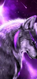 Purple wolf in space-themed wallpaper with vivid cosmic background.