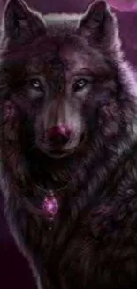 Mystical purple wolf with glowing eyes under a stormy sky.