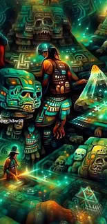 Mystical digital art of pyramids with neon highlights and vibrant colors.