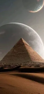 Pyramid under planets in a cosmic sky, creating a mystical phone wallpaper.