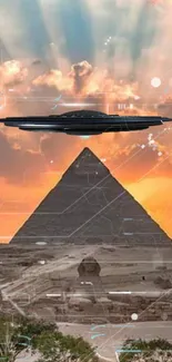 UFO hovering over pyramid at sunset with digital elements.