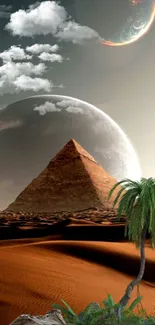 Pyramid under mystical sky with palm tree and clouds in a desert scene.