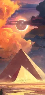 Surreal landscape with pyramids and a solar eclipse.