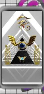 A mystical pyramid art with an eye and golden wings on a geometric grid background.