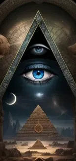 Mystical pyramid and eye with surreal elements in dark blue tones.