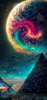 Mystical pyramid under colorful swirling galaxy in dark blue cosmic art.