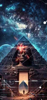 Mystical pyramid with cosmic galaxy backdrop on mobile wallpaper.