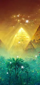 Mystical pyramids and forest under a magical night sky.