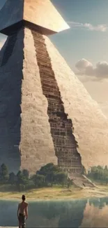 A mystical pyramid rises in a serene landscape backdrop.