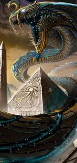 Mystical artwork of a serpent coiled around pyramids in a fantasy setting.