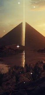 Majestic pyramids at sunset with glowing light beam and water reflections.