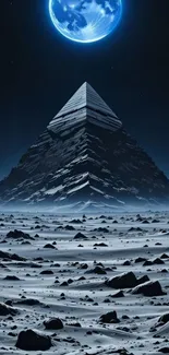 Pyramid under a bright moon in a desert nightscape.