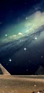 Mobile wallpaper of pyramids with a galaxy in a dark sky.