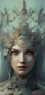 Fantasy art of a mystical queen with a detailed crown and ethereal background.