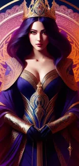 Mystical queen in purple and gold with a crown and intricate art design.