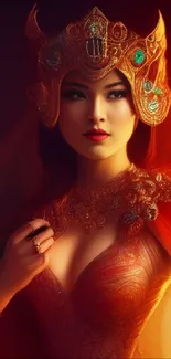 Fantasy queen in red and gold, enhancing phone wallpaper with mystic charm.