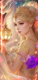 Mystical queen with dragon in golden attire on phone wallpaper.