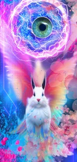 Mystical rabbit with wings in cosmic fantasy setting.