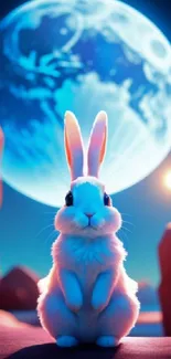 White rabbit in a mystical, moonlit landscape with a glowing moon.