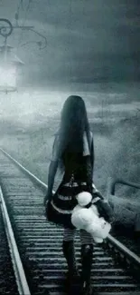 Girl walking alone on dark railway with teddy bear, surreal scenery.