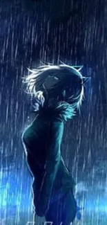 Anime character in rain with dark blue aura.