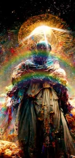 Mystical rainbow angel with ethereal hues in vibrant artwork.