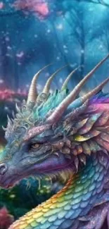 Colorful dragon in a fantasy forest setting.