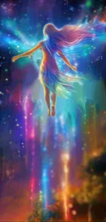 Magical rainbow fairy in a mystical, colorful dreamscape.