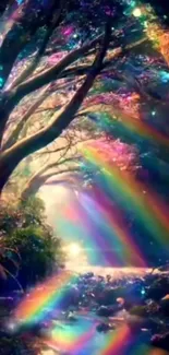 Magical forest with rainbows and colorful trees.