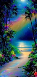 Vibrant nocturnal scene with rainbow colors and tropical plants.